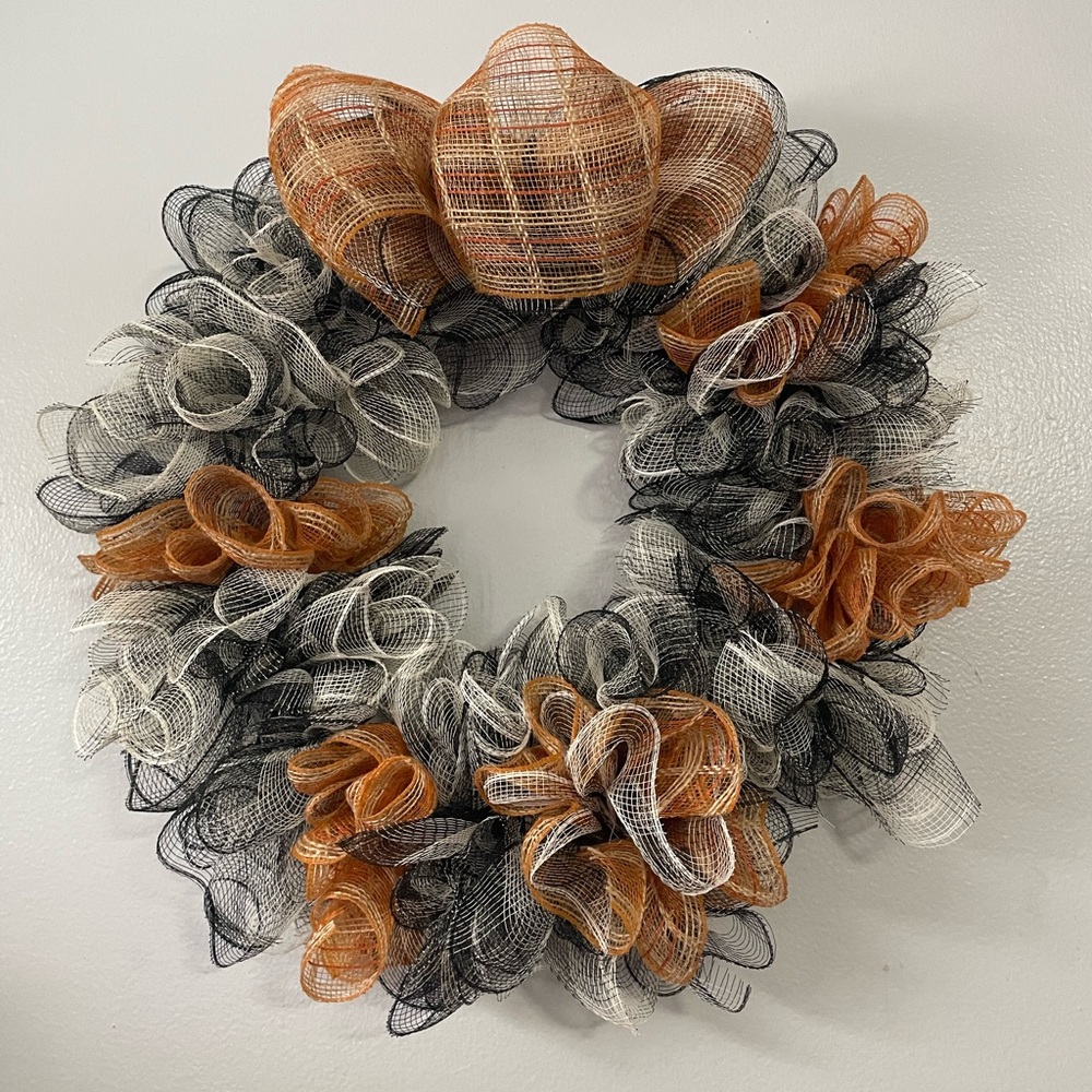 Elegant Mesh Wreath - Black, White, and Orange